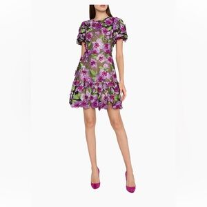 Milly Yasmin Floral Embroidered Mini Dress Size 4 Pink Multi Fit Flare 3D Lace
